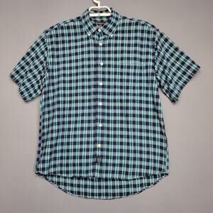 Ruff Hewn Well Worn Flannel Shirt Mens L Blue Green Plaid Buttons Short Sleeves